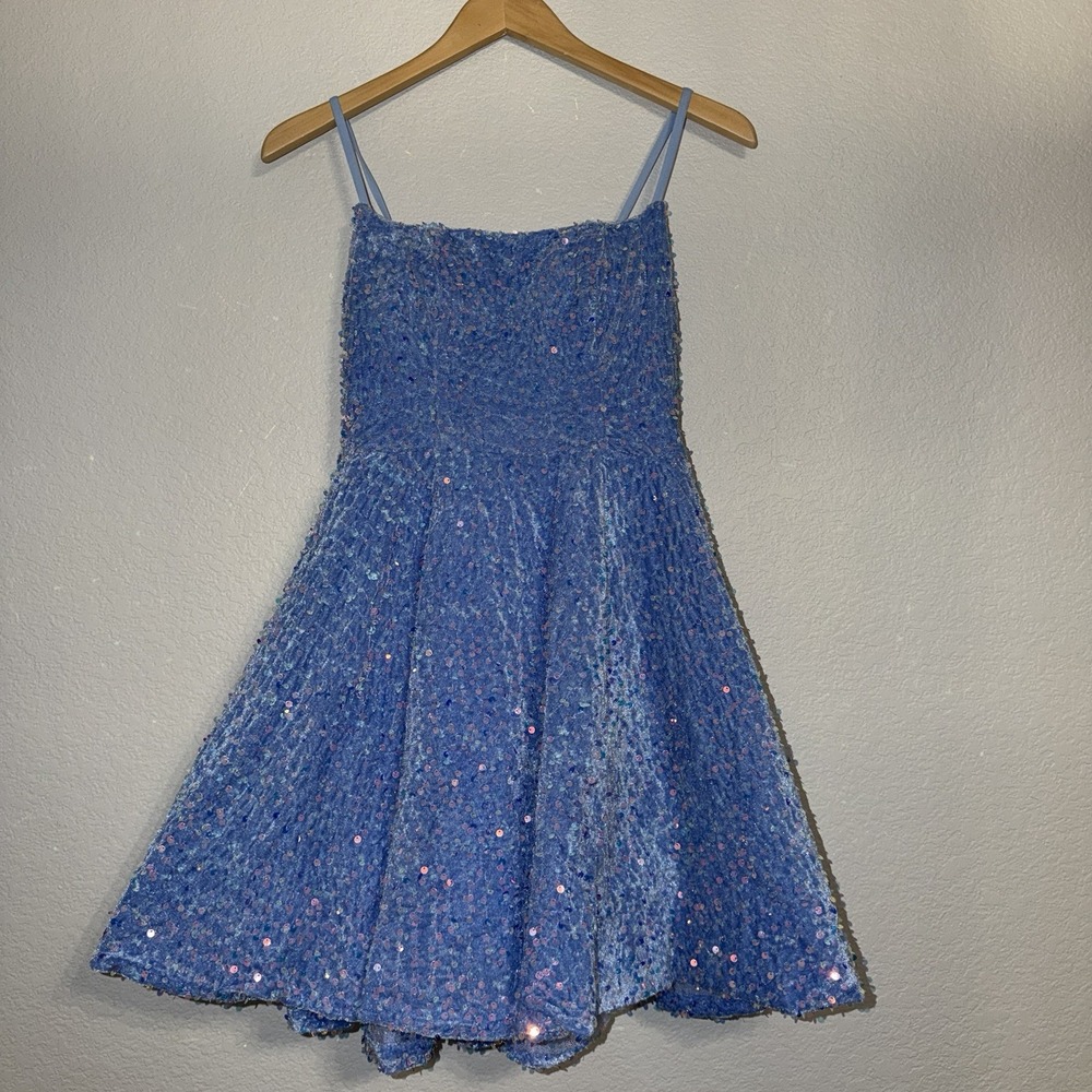 Blue Sequin Wedding Dress Mini Dress Spaghetti Strap Bow Back Size 0